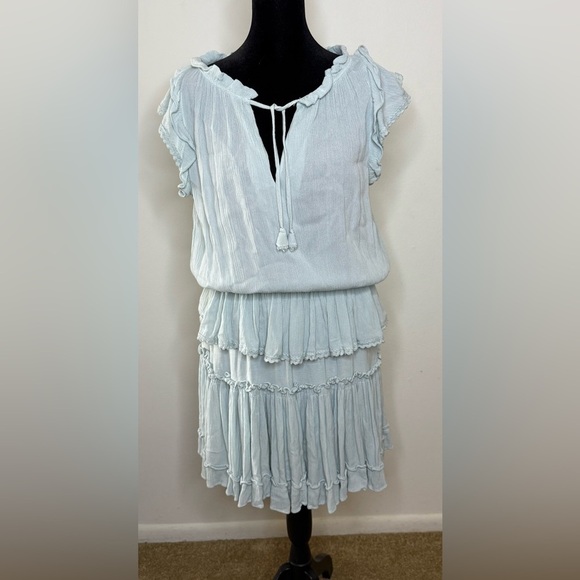 The impeccable pig light blue rayon tiered dress flutter cap sleeves large EUC - Picture 2 of 8